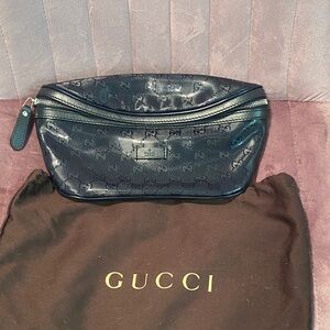 Unisex Gucci dark Navy nylon leather trimmed waist Bag